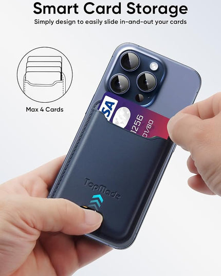 TopMade Phone Card Holder, Premium Leather Phone Wallet Stick on, Stronger 3M Adhesive Credit Card Holder for Back of Phone Case, iPhone, Samsung, and Android, RFID Blocking, Fit 4 Cards, Blue