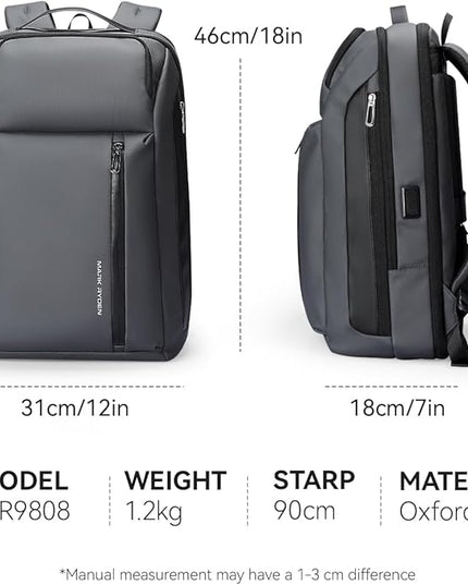 Muzee Business Backpack for Men, Travel Laptop Backpack Fits 15.6 Inch, Waterproof Expandable Bag 25L-35L, Grey Work Daypack with USB & USB-C Charging Ports, Anti-Theft Pocket, Luggage Strap