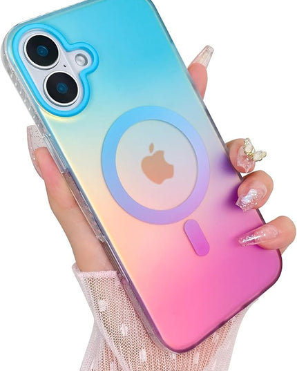 Aesthetic Case for iPhone 16 Case for Women Girls, Compatible with Magsafe, Cute Girly Trendy Glitter Sparkly Rainbow Magnetic Protective Phone Cover, Matte Iridescent Blue & Pink