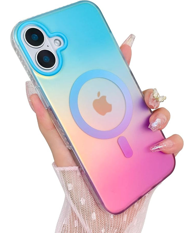 Aesthetic Case for iPhone 16 Case for Women Girls, Compatible with Magsafe, Cute Girly Trendy Glitter Sparkly Rainbow Magnetic Protective Phone Cover, Matte Iridescent Blue & Pink