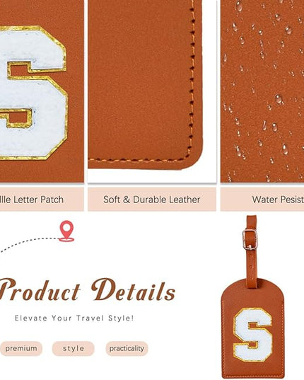 ULICO Initial Passport Cover and Luggage Tag Set,PU Leather Letter Passport Case Holder Travel Suitcase Tag, Personalized Travel Luggage Accessories Gifts for Women Kids Teenage Brown K