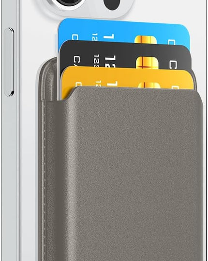 Phone Card Holder, Premium Leather Wallet Stick on, Adhesive Credit Card Holder for Case, Sticky Wallet for Back of Cover, Android Cell Phone, iPhone, Fit 4 Cards, Gray