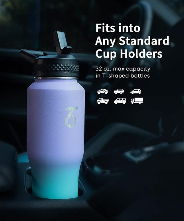 Trebo 32oz Insulated Water Bottle that Fits in Cup Holder, Stainless Steel Double Wall Tumbler Bottles with Paracord Handle, Flask with Straw Spout Lids, Keep Cold for 48 Hrs/Hot 24 Hrs,Cotton Candy