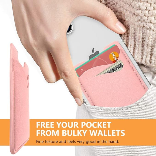 Leather Phone Card Holder, 2-Pack Stick-On Wallet for iPhone, Samsung - Pink