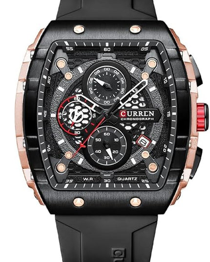 PASOY Luxury Chronograph Watches for Mens Rubber Strap Black Waterproof Date Analog Quartz Watch