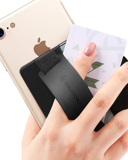 Sinjimoru Phone Grip Card Holder with Phone Stand, Secure Stick on Wallet for iPhone with Kickstand for Table. Sinji Pouch B-Grip Black
