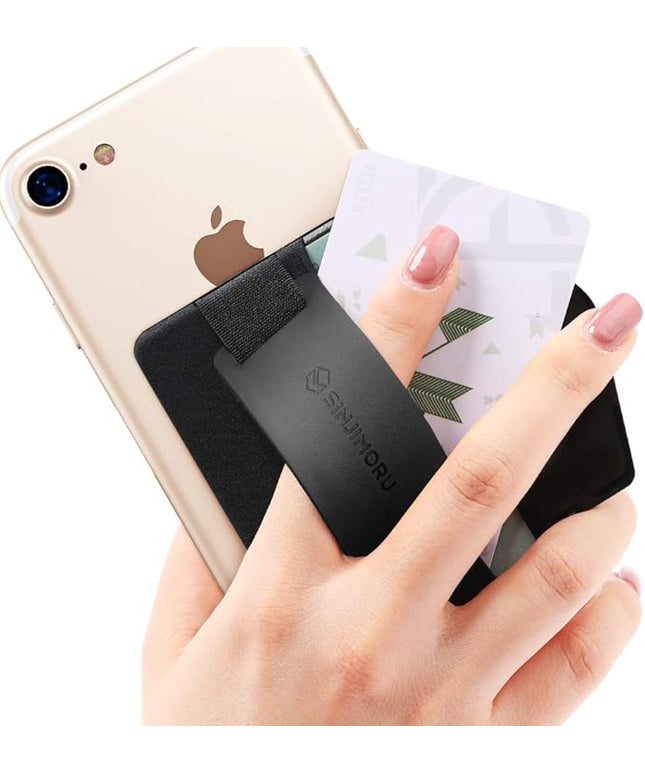 Sinjimoru Phone Grip Card Holder with Phone Stand, Secure Stick on Wallet for iPhone with Kickstand for Table. Sinji Pouch B-Grip Black