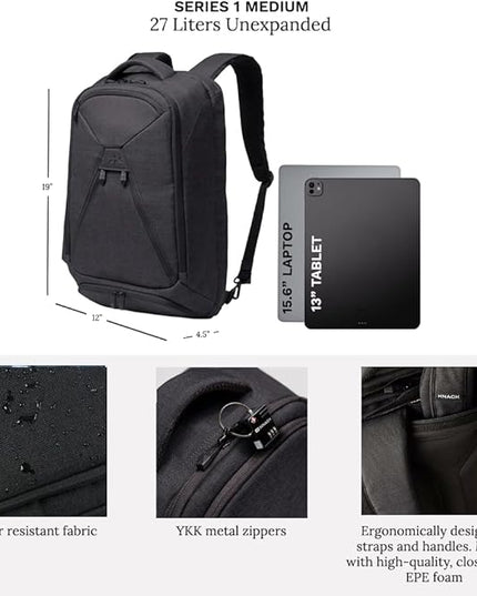 Knack Series 1 Laptop Backpack Travel Set Fits up to 15 Inch - Includes Expandable Packing Insert, and Knack's Insulated Bottle, TSA Approved, Expandable Travel Backpacks (Black, Medium)