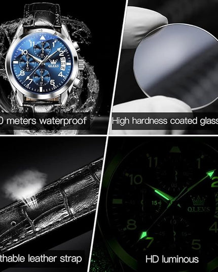 OLEVS Men's Chronograph Leather Watch, Big Face Easy to Read Analog Quartz Dress Watch, Casual Waterproof Luminous Hands Date Watches for Men, White/Blue/Black/Gold Dial