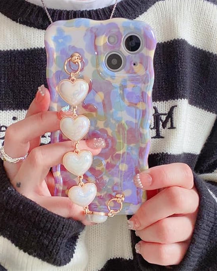for iPhone 14 Pro Case, [Sparkling Purple Flower Oil Painting] [with Luxury Heart Bracelet] [Fashionable Wave Edge Shape] Soft TPU Drop and Shock Resistant for Women and Girls 6.1"