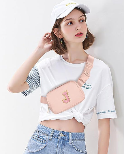 Gitus 6 7 8 9 10 Year Old Girl Gifts Belt Bag Fanny Pack Crossbody Bags with Initial Letter Patch Things for Teen Girls Easter Gifts for Girls Travel Essentials（Coral Pink-J）