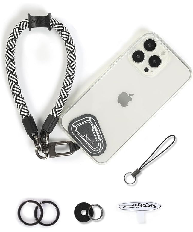 project-cb Hand Wrist Phone Strap,Phone Lanyard Patch ×2,Cell Phone Case Holder,Wristlet Strap for Key,AirPods,Camera (White-Black, 15.7inch)