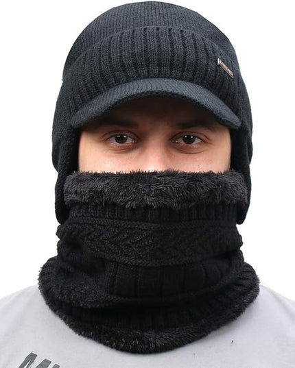 Winter Beanie w/Visor & Earflaps for Men Outdoor Fleece Hat Scarf Set