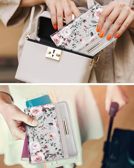 Passport Holder Cover Travel RFID Blocking Passport Cover Rose Gold Cute Flowers Passport Wallet with Elastic Band for Women