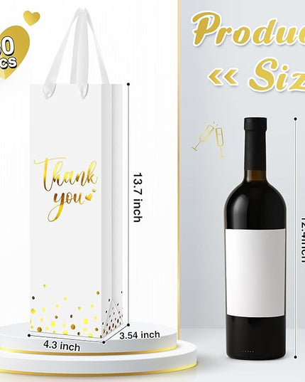 Ctosree 30 Pcs Wine Bottle Gift Bag with Handle 4.3x3.5x13.7 Liquor Paper Bag for Thank You Favor Gold Foil Kraft Whiskey Tote Carrier for Wedding Birthday Bridal Valentine's day Party(White)