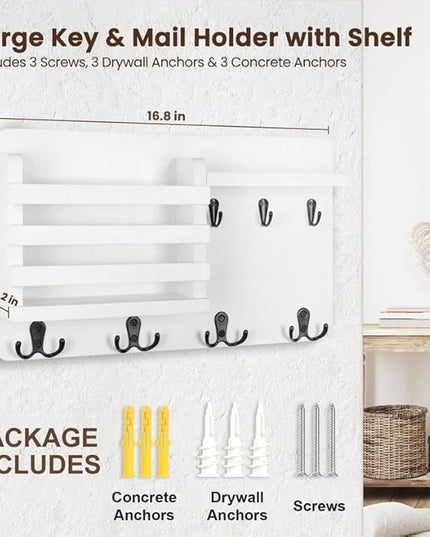 Nekon Mail Holder for Wall Mail Organizer with Key Hooks Hallway Farmhouse Decor Storage Racks with Floating Shelf and Flush Mount Hardware (16.8Inch x 10Inch x 3.2Inch)