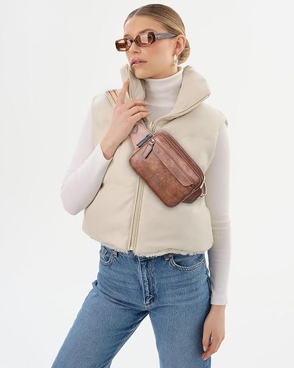 LATMAP 3L Fanny Packs for Women Cross Body Bag Vegan Leather Chest Belt Bag Fashion Waist Pack Small Bum Bag Crossbody for Travel Running Workout, Brown