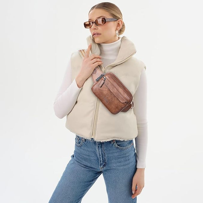 LATMAP 3L Fanny Packs for Women Cross Body Bag Vegan Leather Chest Belt Bag Fashion Waist Pack Small Bum Bag Crossbody for Travel Running Workout, Brown