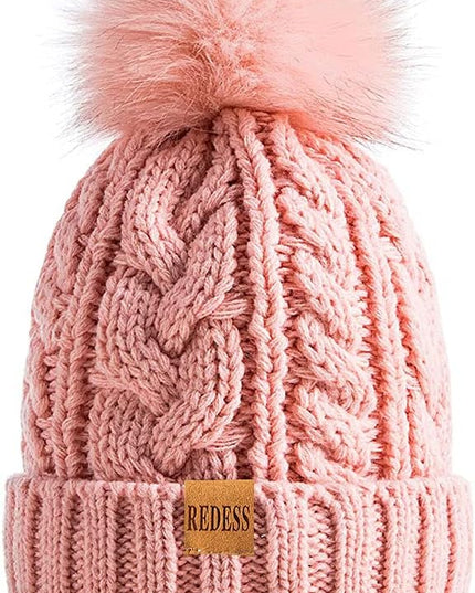 REDESS Women Winter Pompom Beanie Hat with Warm Fleece Lined, Thick Slouchy Snow Knit Skull Ski Cap
