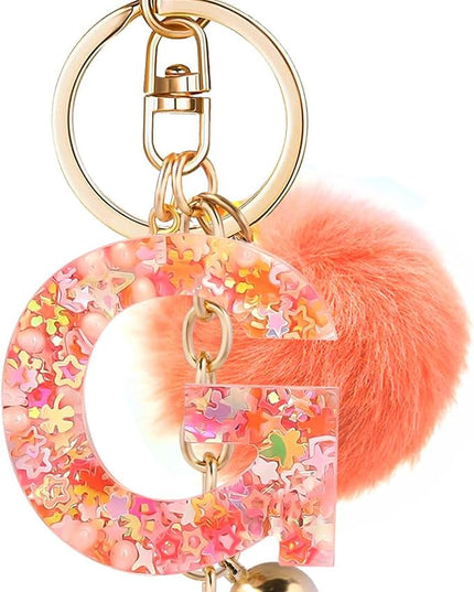 Resin Alphabet Initial Letter Keychain Keyring for Women Purse Handbags With Fur Ball Pom