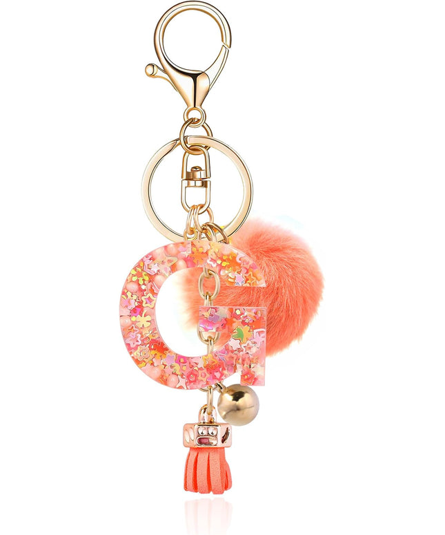 Resin Alphabet Initial Letter Keychain Keyring for Women Purse Handbags With Fur Ball Pom
