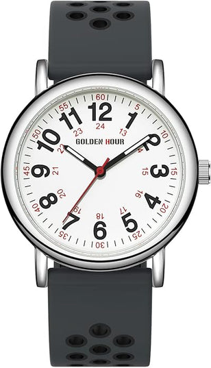 GOLDEN HOUR Waterproof Nurse Watch for Medical Professionals, Students Women Men - Military Time Luminouse Easy Read Dial, 24 Hour with Second Hand, Colorful Silicone Band