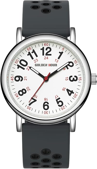 GOLDEN HOUR Waterproof Nurse Watch for Medical Professionals, Students Women Men - Military Time Luminouse Easy Read Dial, 24 Hour with Second Hand, Colorful Silicone Band