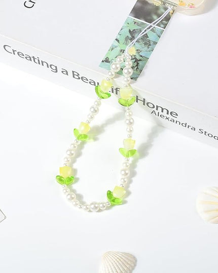 Beaded Phone Charms Cute Aesthetic Tulip Lanyard Strap Girl Wrist Chain, Phone Keychain Decoration for Wallet AirPods-Yellow