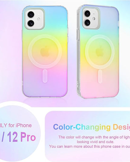 Cute Case for iPhone 12 & 12 Pro Case for Women Girls [Compatible with Magsafe] Glitter Sparkly Girly Aesthetic Rainbow Magnetic Protective Cover, Translucent Iridescent Blue & Pink