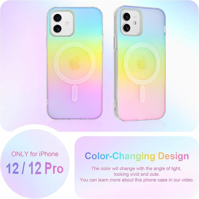 Cute Case for iPhone 12 & 12 Pro Case for Women Girls [Compatible with Magsafe] Glitter Sparkly Girly Aesthetic Rainbow Magnetic Protective Cover, Translucent Iridescent Blue & Pink