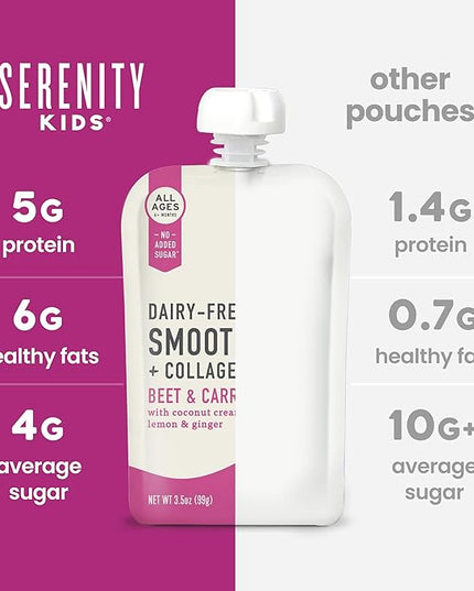 Serenity Kids 6+ Months Baby Food Pouch - Beet & Carrot Grass-Fed Collagen Protein - USDA Organic Dairy Free - No Added Sweeteners Baby Snacks - 3.5 Oz, 6 Pack