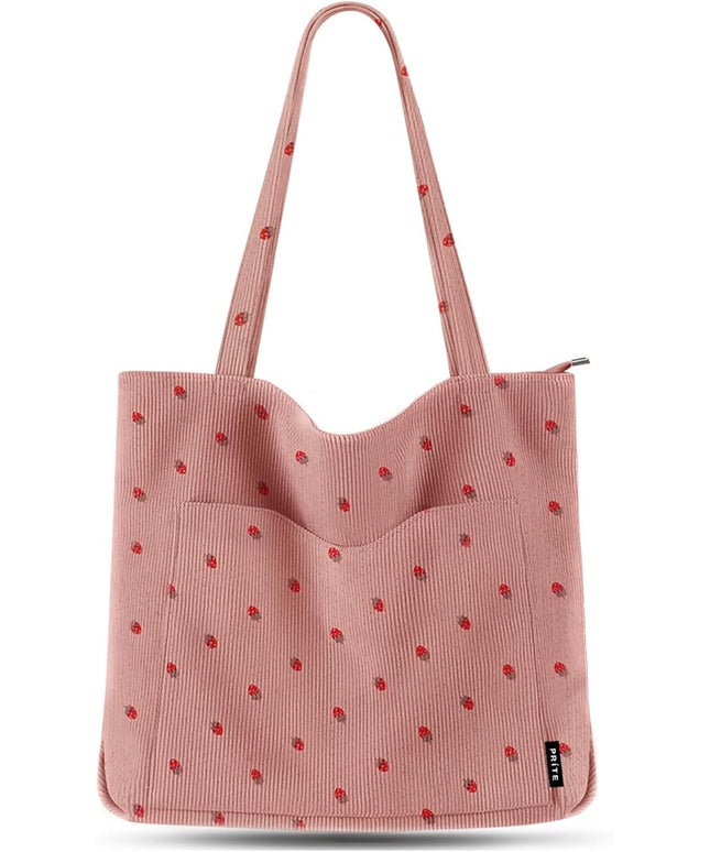 Prite Corduroy Tote Bag for Women Large Shoulder Bag with Zipper and Pockets for College Work Travel Shopping