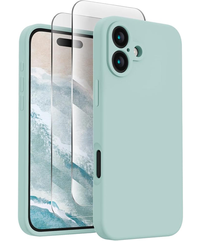 FireNova Designed for iPhone 16 Plus Case, Silicone Upgraded [Camera Protection] Case with [2 Screen Protectors], Soft Anti-Scratch Microfiber Lining Inside, 6.7 inch, Mint Green