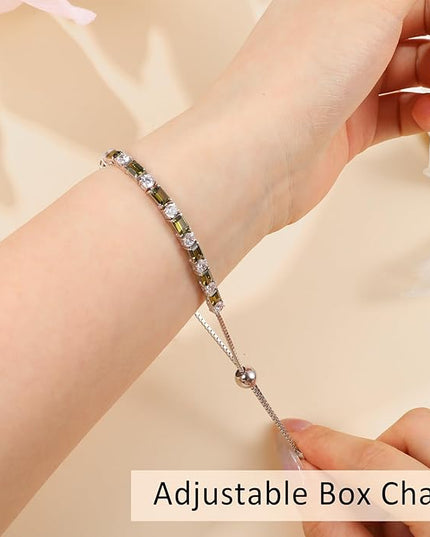 Birthstone Tennis Bracelets for Women White Gold Sterling Silver Gemstone Bracelets Adjustable Chain 6-9 Inchs Jewelry Anniversary Birthday Gifts for Women Mom Wife Her