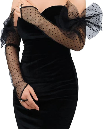 Long Fingerless Lace Gloves with Bow Polka Dot Wedding Bridal Mesh Sheer Gloves Long Opera Party Accessories