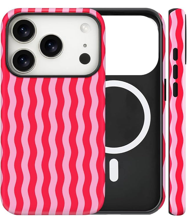 Magnetic for iPhone 17 Pro Max Case Cute Wavy Stripes Phone Case, Shockproof Slim TPU and Hard PC Protective Phone Cover Compatible with MagSafe Designed for Women Girls, Red