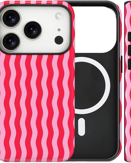 Magnetic for iPhone 17 Pro Case Cute Wavy Stripes Phone Case, Shockproof Slim TPU and Hard PC Protective Phone Cover Compatible with MagSafe Designed for Women Girls, Red