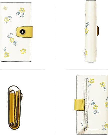 BOSTANTEN Womens Wallet Genuine Leather Wallets Large Capacity Cash Cluth Purses with Zipper Floral Yellow