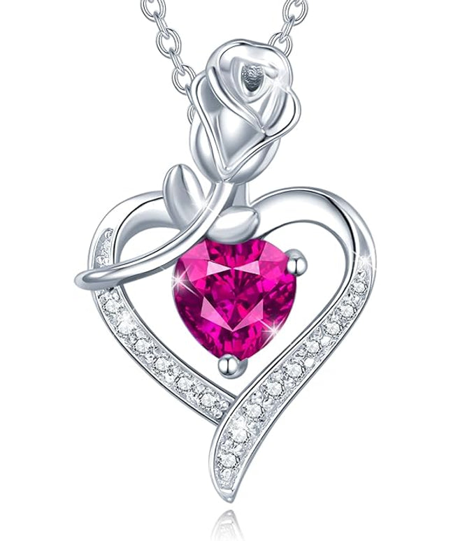AGVANA Christmas Gifts Rosy Reverie Birthstone Necklace for Women Sterling Silver Genuine or Created Gemstone Rose Flower Heart Pendant Necklace Anniversary Birthday Gifts for Women Mom Wife Her