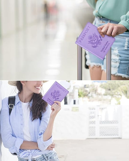 Passport and Vaccine Card Holder Cover Combo, Passport Case /Wallet with Vaccine Card Slot for Women and Men(AL-Purple)