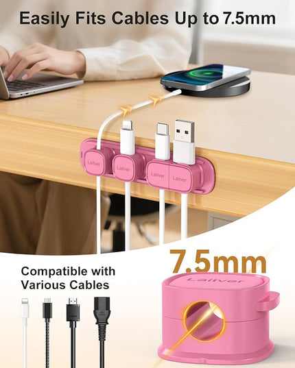 6 Pack Magnetic Cable Clips [1s Open/Lock], Laitver Cord Organizer Holder Strong Adhesive Desk Cable Management- Organize Charging Cords Neatly for Home, Office, Car,Desk, Nightstand-Rose Red