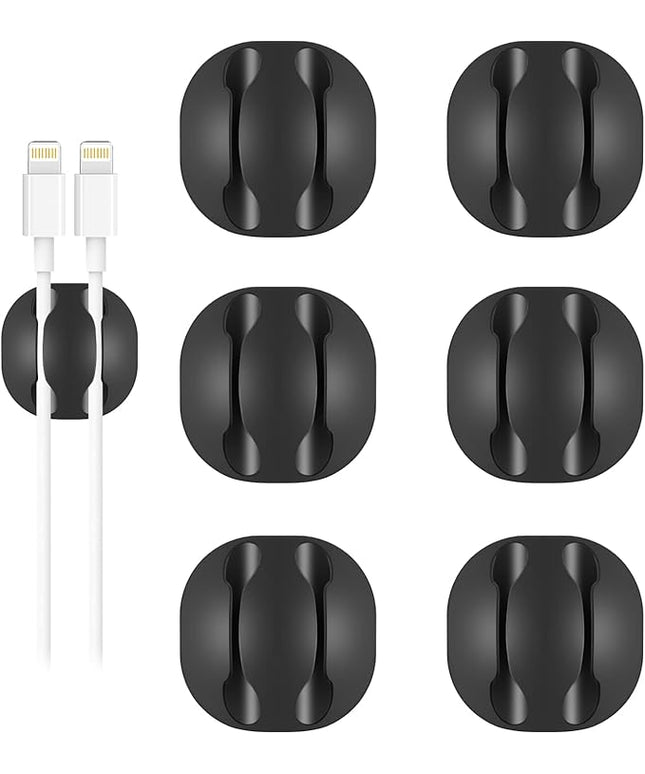 Shintop Cable Clips, 6 Pack Black Double Cord Holder Adhesive Cable Management Wire Organizer for Organizing Desk Nightstand Car Phones Chargers