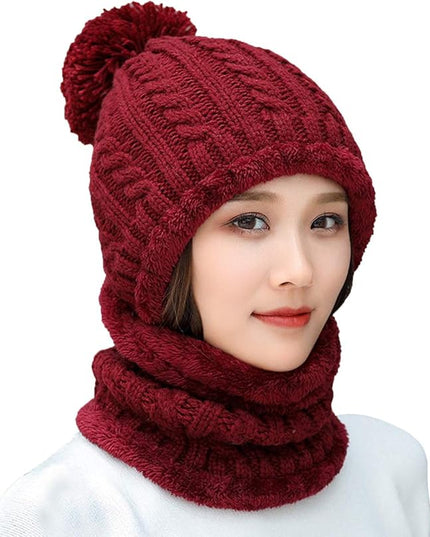 HUAMULAN Women Winter Beanie Hats One Piece Fleece Lined Knit Balaclavas Mask Set Skull Neck Circle Scarf Ski Snow Hat Pompom