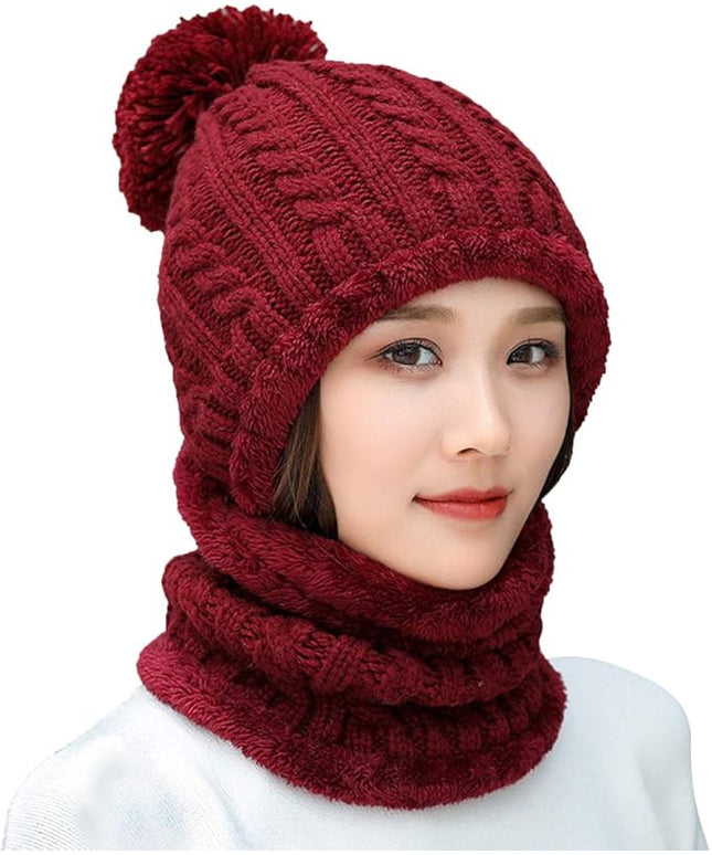 HUAMULAN Women Winter Beanie Hats One Piece Fleece Lined Knit Balaclavas Mask Set Skull Neck Circle Scarf Ski Snow Hat Pompom