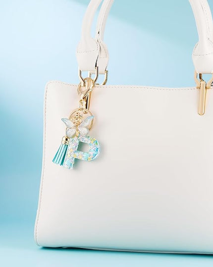 Fashion Alphabet Initial Letter Keychain Tassel Butterfly Pendant Key Ring for Purse Handbags Women Girl