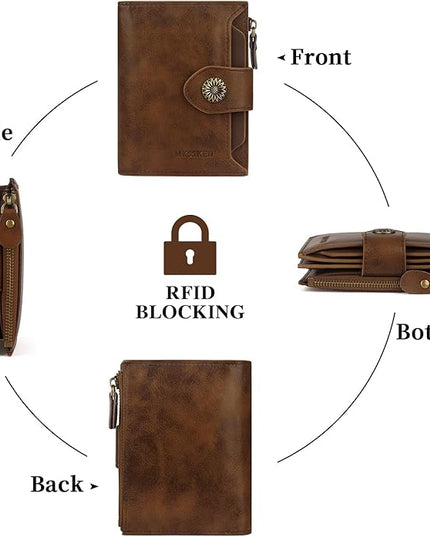 MKSSKEN Wallet Women,Rfid Blocking Leather Womens Wallet,Bifold Compact Carteras Para Mujer Card Holder with Removable ID Window(deepcoffee)