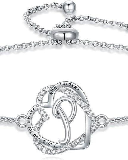 TOUPOP Gifts for Women Heart Initial Bracelet 925 Sterling Silver Double Heart Bracelet Birthday Jewelry Birthday Christmas Gifts for Her Wife Girlfriend