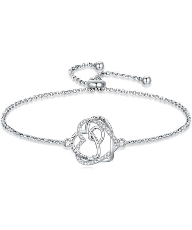 TOUPOP Gifts for Women Heart Initial Bracelet 925 Sterling Silver Double Heart Bracelet Birthday Jewelry Birthday Christmas Gifts for Her Wife Girlfriend