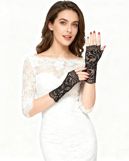 Women Fingerless Lace Gloves, Short Bridal Wrist Floral Lace Mittens Women Gloves for Wedding Opera Tea Party Cocktail Prom Cosplay Costume Accessories