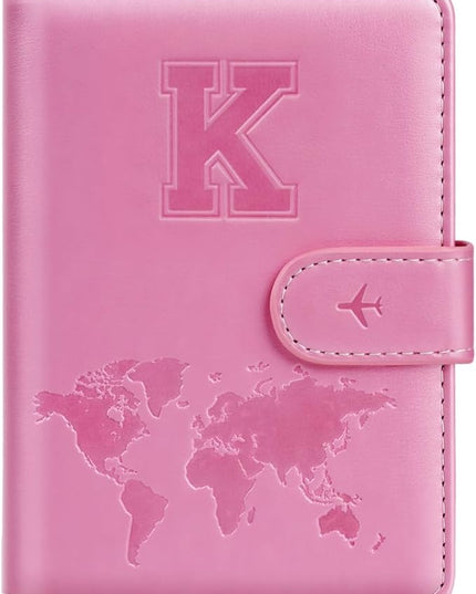 Passport Holder Cover Initail Letter A-Z Travel Wallet Embossed Design RFID Blocking Card Holder Personalized Gift Passport Cover Wallet, Passport Book Holders for Women and Girls, Pink-K
